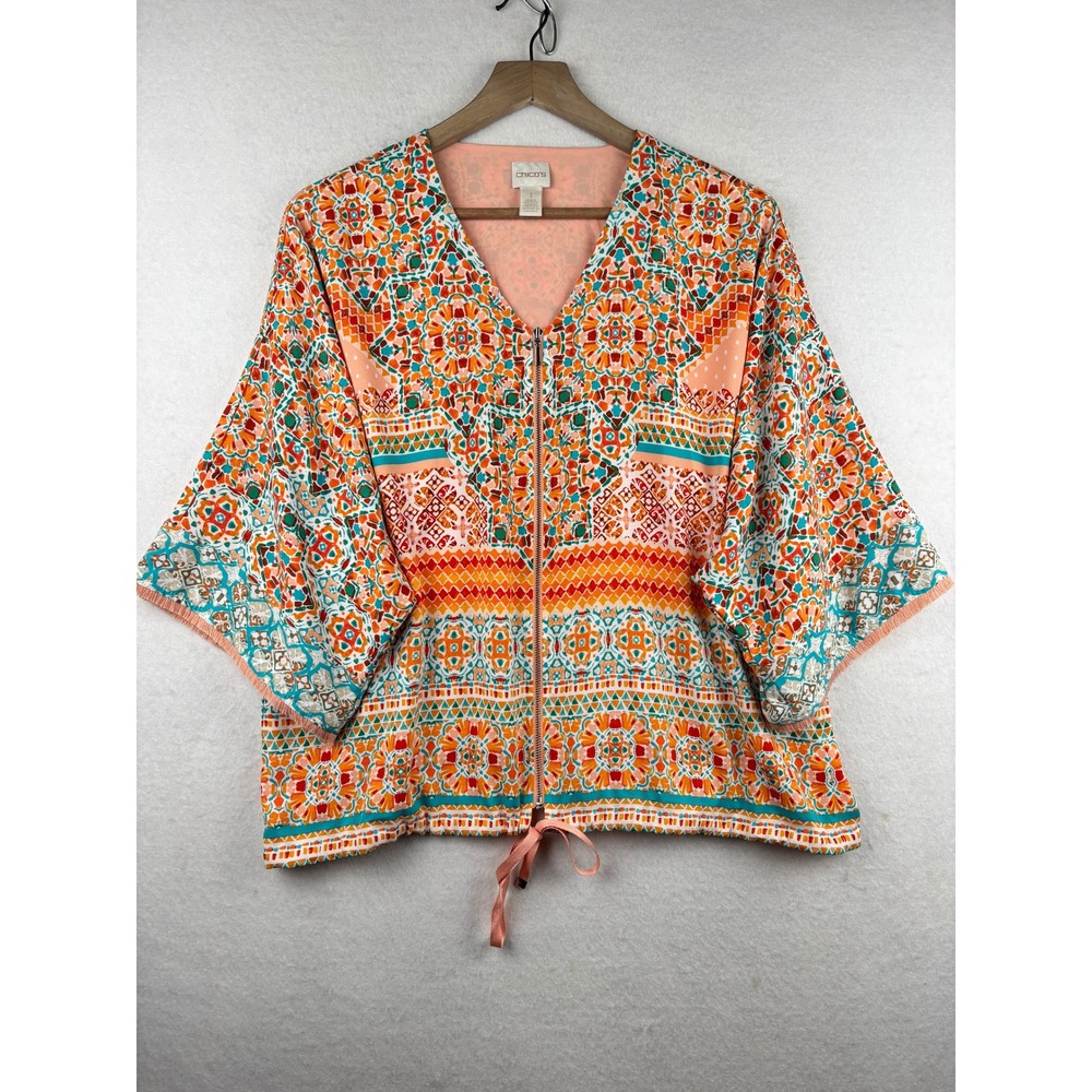 Chicos Chiffon‎ Top Womens 1 Zip Front Geometric Boho